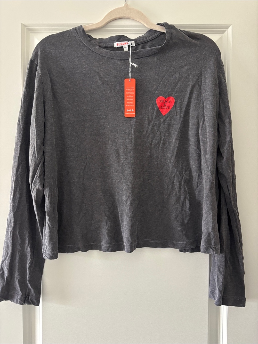 Sundry Charcoal Long Sleeve Tee with Red Heart Patch